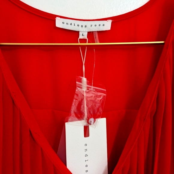 NWT Endless Rose Large Bright Red Lined Chiffon Pleated Mini Dress w/ Ruffles - Picture 3 of 9